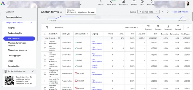 Google Ads search terms report for the mobile detailing campaign